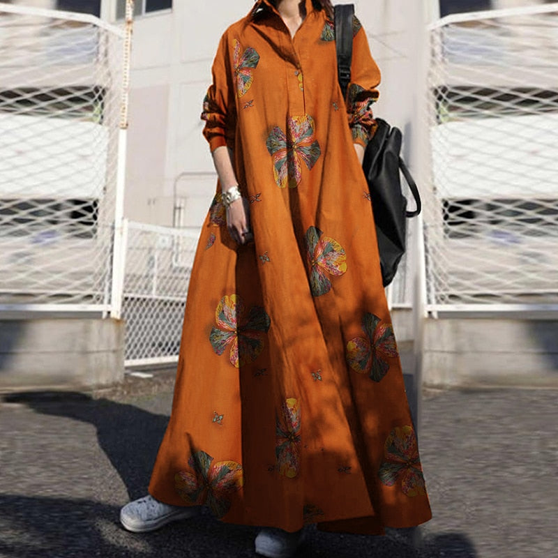 Sixsr Summer Stylish Women Vintage Long Sleeve Loose Sundress Casual Long Maxi Dress Kaftan Femme Solid Party Vestido Robe