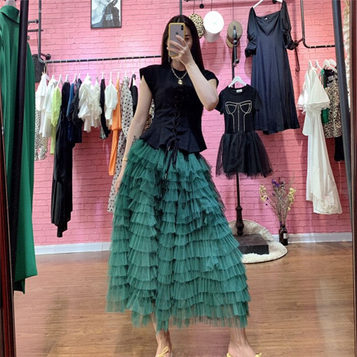 sixsr jupe femme ete Spring Party Skirt Elastic High Waist Long Tulle Skirt Women Multilayer ruffles Pink Mesh Tutu Skirt Ladies
