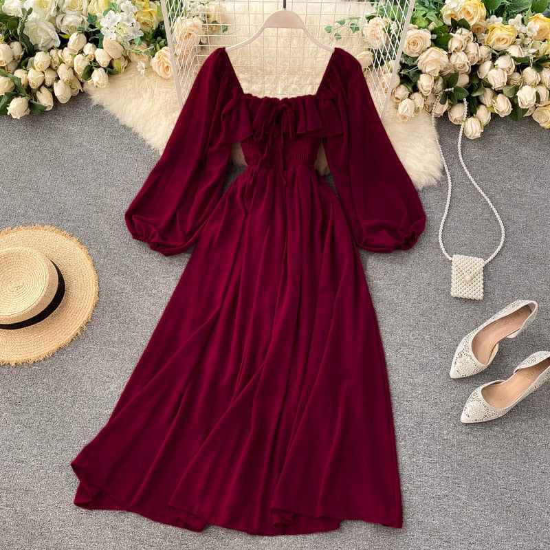 Sixsr Woherb Chic Elegant Square Collar Maxi Dress Women Solid Chiffon Puff Sleeve Dresses Korean Fashion Vintage Ruffle Vestidos