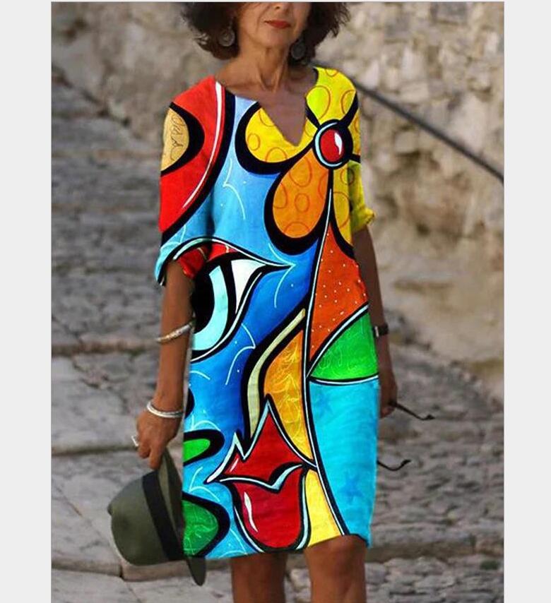 Sixsr New Women Printing Dress Summer V-Neck Half Sleeve A-Line Dresses Female Retro litera Vintage Loose Dress Vestidos