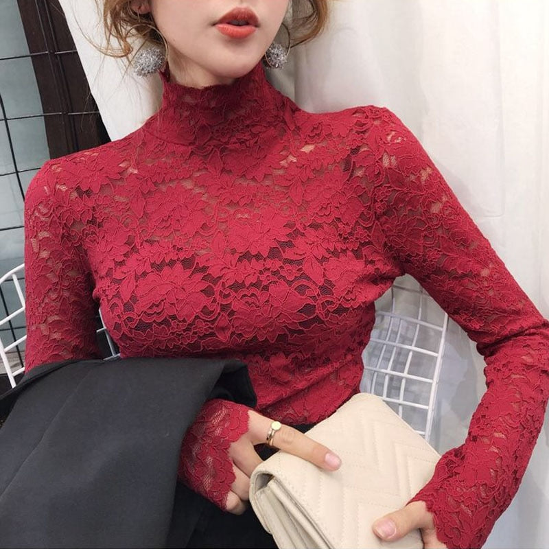 Sixsr gifts for women Plus Size Women Lace Blouses Shirts Sexy Hollow Out Long Sleeve Solid Blouse Lady Elegant Floral Embroidery Elastic Shirt Tops