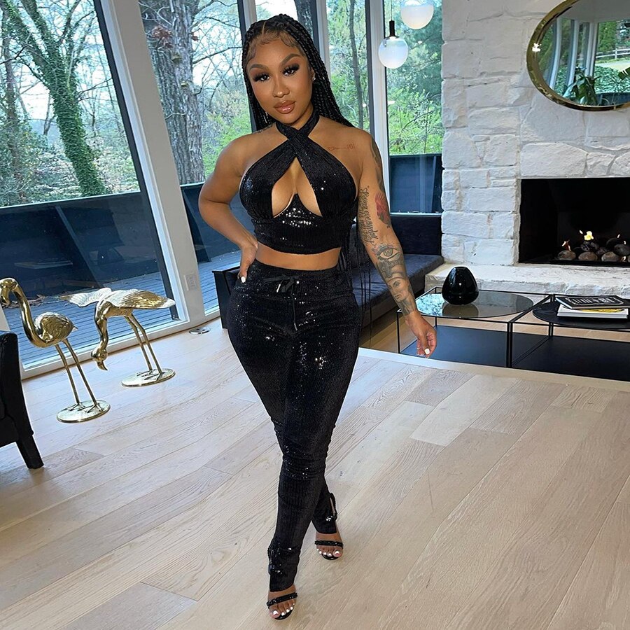 sixsr Sexy Bright Women 2-Piece Suits Criss Cross Halter Camisole Tops+Skinny Split Pants Sportswear Female Night Clubwear