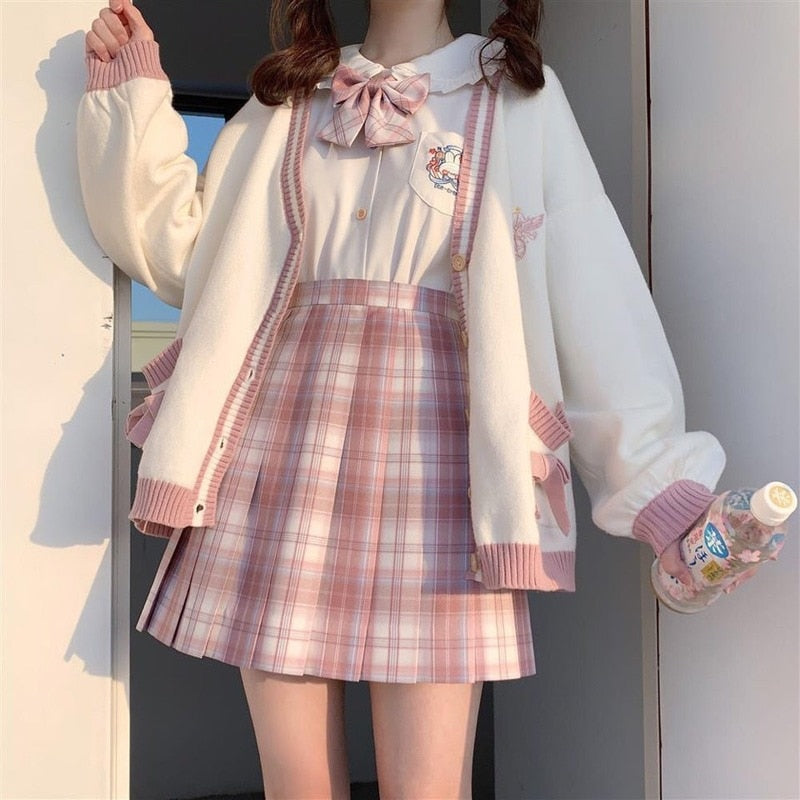 Sixsr  Spring Japanese Kawaii Fashion Pink Cardigan Women Harajuku Knitted Sweater Cute Bow Heart Korean College Style JK Uniform Coat