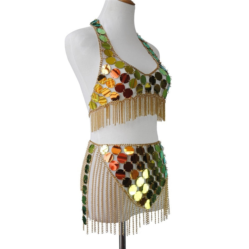 Sixsr Trends Fashion Gradient Color Shiny Sequins Dots Two Piece Set Low Cut Backless Sleeveless Crop Tops Tassel Mini Skirt Sexy Beach Outfits