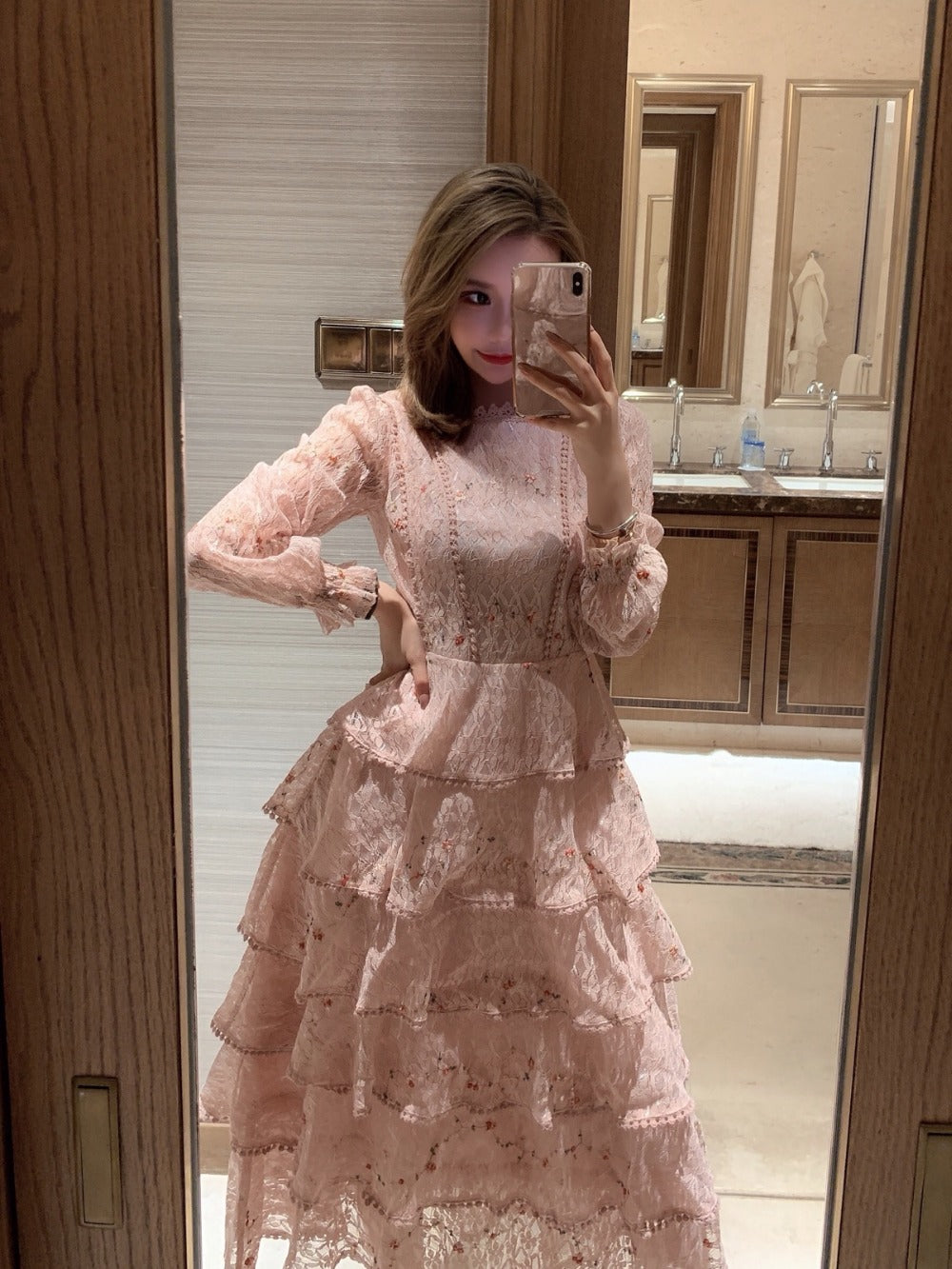 sixsr Pink Lace Embroidery Maxi Dress Female spring Winter Full sleeve high waist Ruffle elegant Long party dresses Woman
