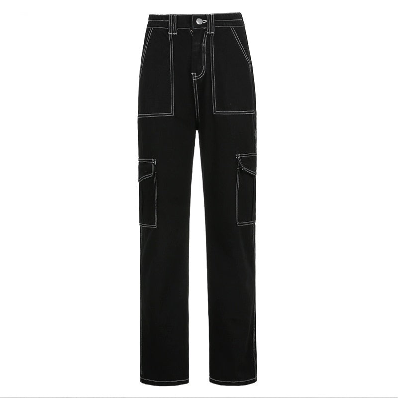 Sixsr Womens Fashion Trends Pockets Patchwork Baggy Jeans Fashion Streetwear 100% Cotton Women Denim Trouser Loose Cargo Pants Korean Jeans Harajuku