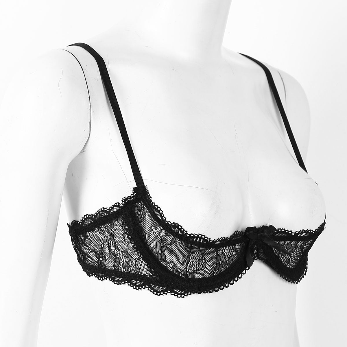sixsr Women See Through Sheer Lace Hollow Out Lingerie Adjustable Spaghetti Shoulder Straps Open Cups Bra Push Up Underwire Bra Tops