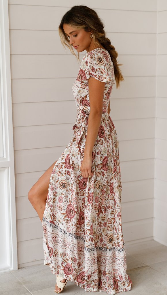 Sixsr Summer Women Dress Indie Folk Women Sexy Printed Bow Holiday Beach Wrap Dresses V-Neck Boho Dress Elegant Party Sundress