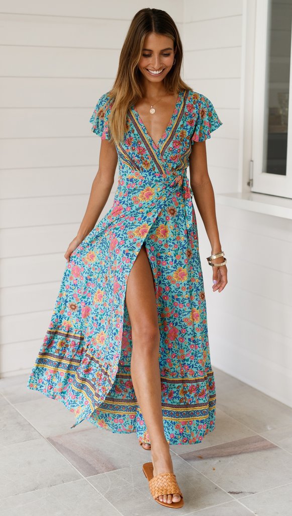 Sixsr Summer Women Dress Indie Folk Women Sexy Printed Bow Holiday Beach Wrap Dresses V-Neck Boho Dress Elegant Party Sundress