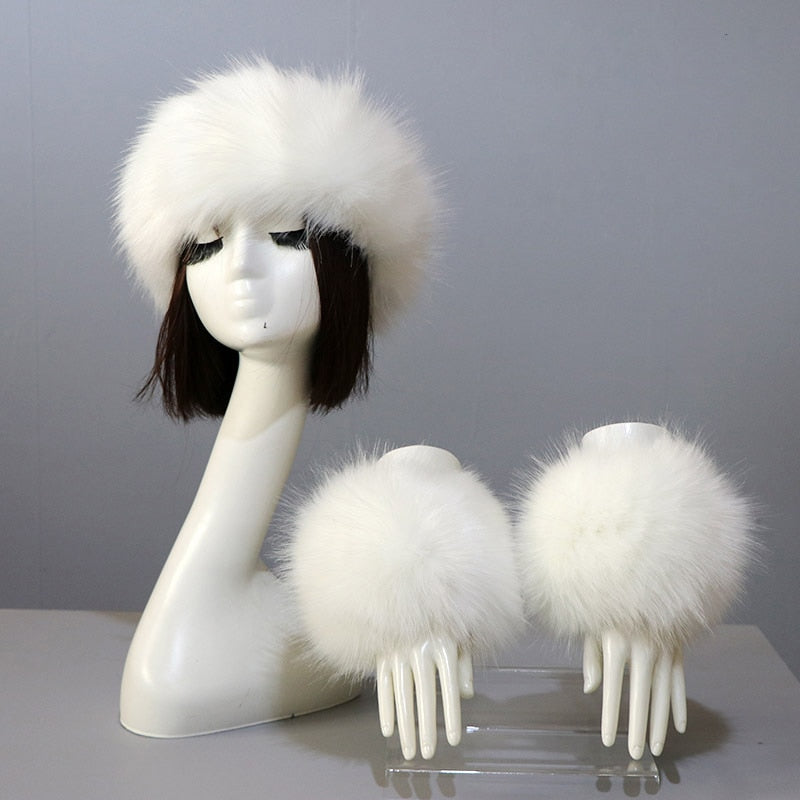 Sixsr New Autumn Winter Caps Female Hats Cuffs Set Fashion Warmth Imitation Quality Design Faux Fur Hat Fox Fur Sleeves Suit Accessary