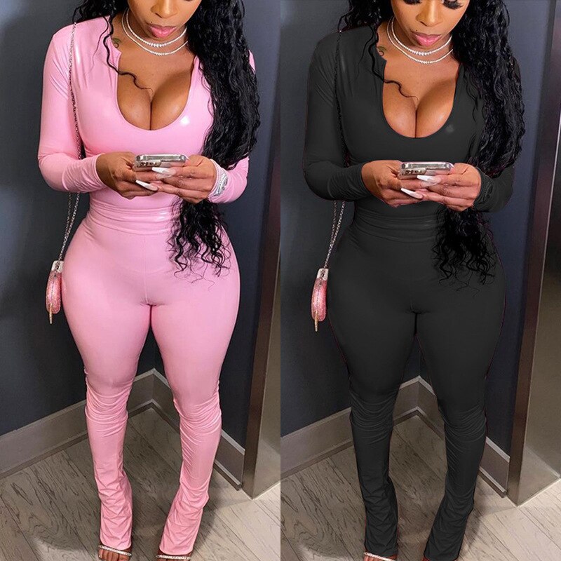 Sixsr Autumn Pink PU Leather Skinny Top and Flare Pants Hight Wasit Legging Two Piece Set Street Party Clubwear Sexy Bodycon Outfits