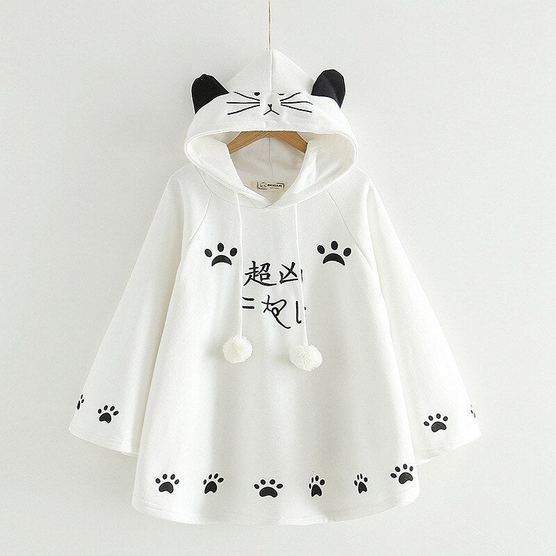 Sixsr Lolita Cloak Harajuku Hoody Cloak Japanese Angry Cat Christmas Deer Fleece Cape Loose Pullover Batwing Sleeve Hoodie Coat