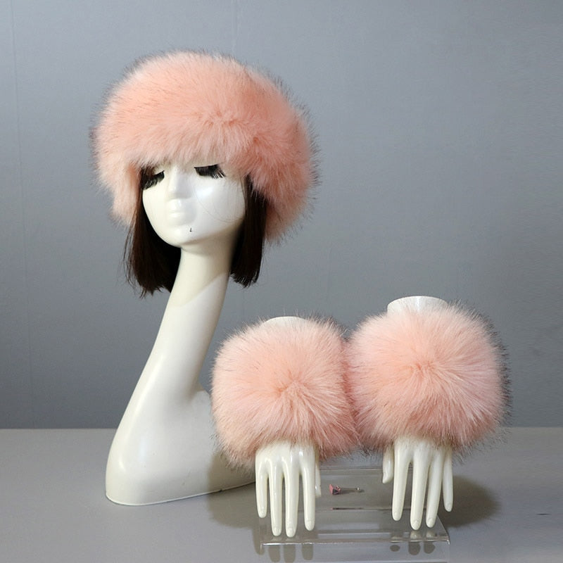 Sixsr New Autumn Winter Caps Female Hats Cuffs Set Fashion Warmth Imitation Quality Design Faux Fur Hat Fox Fur Sleeves Suit Accessary