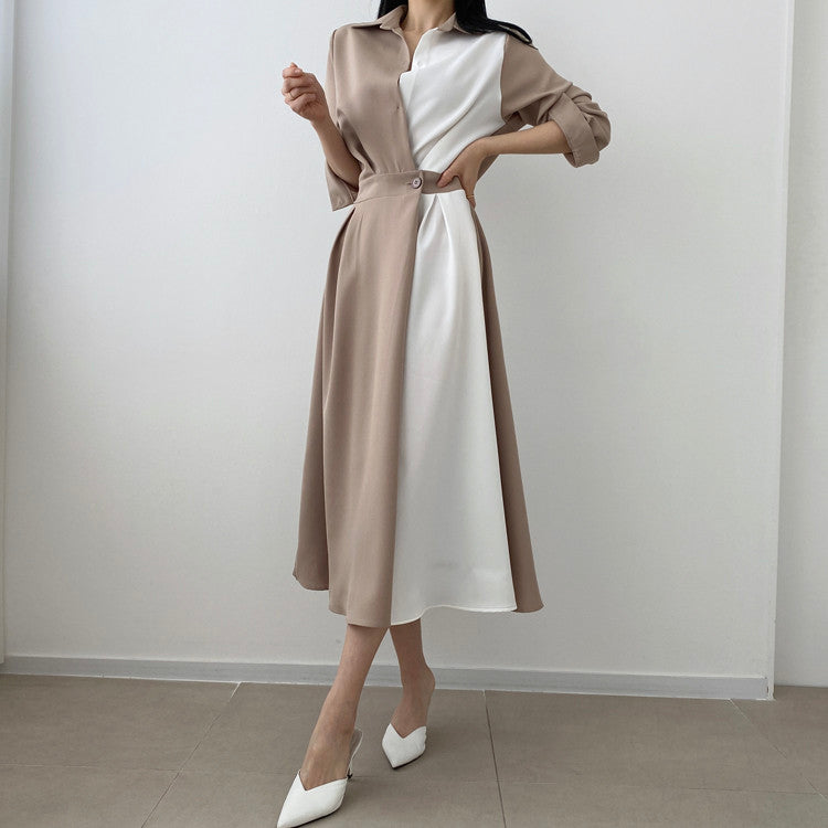 Sixsr Spring Autumn Retro Temperament Contrast Color Lapel Long-Sleeved Shirt Female Midi Dress Korean Elegant Fashion Slim Chic Dress