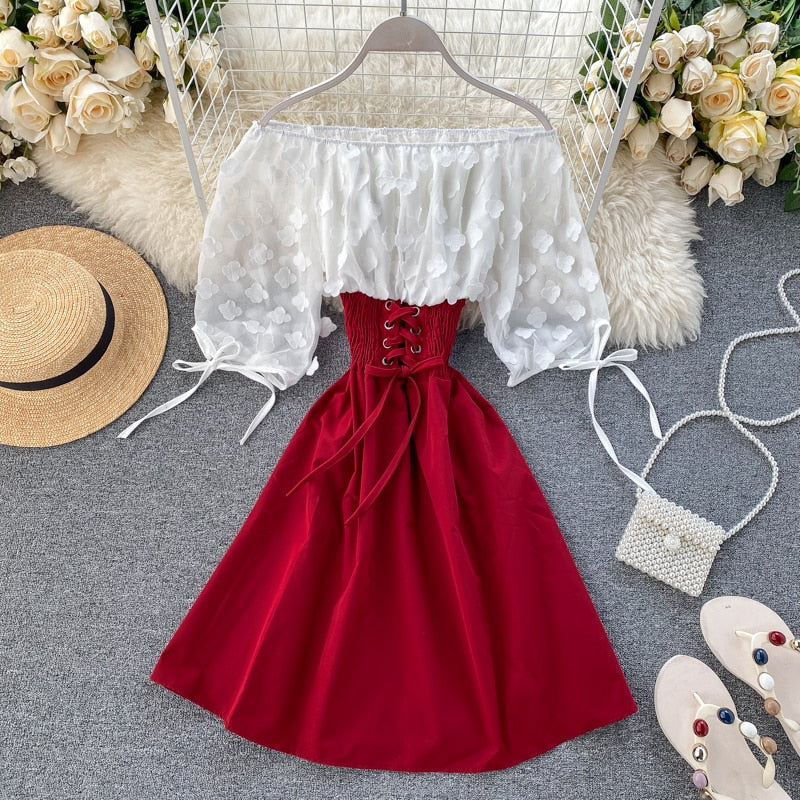 Sixsr  New Fashion Sexy Off Shoulder patchwork Summer Short Dress Party flower chiffon Slim waist lace up Women casual A-Line beach dress