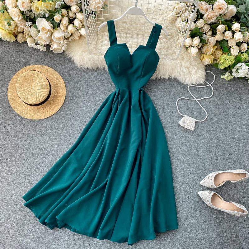 sixsr New Women V-neck Party Dress Summer Retro Solid Color High Waist Long Robe Ladies Slim Backless Bodycon Dress Vestidos