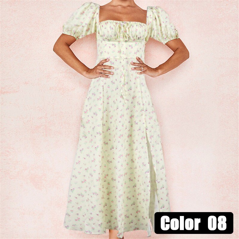 Sixsr womens fashion Vintage Square Collar Printed Dress Women Sweet Puff Sleeve Slim Long Casual Split Spring Summer Floral Dress Ladies New