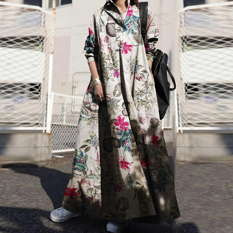 Sixsr Summer Stylish Women Vintage Long Sleeve Loose Sundress Casual Long Maxi Dress Kaftan Femme Solid Party Vestido Robe