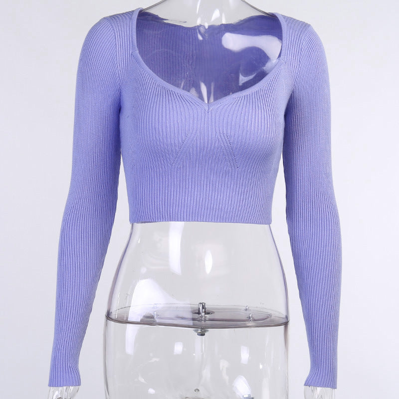 Sixsr Fashion Trends European and American Fashion Autumn New Women's Solid Color Long-sleeved Slim Top Feminine Peach Heart V-neck Woolen Sweater