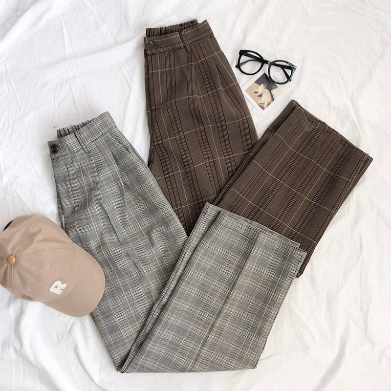 sixsr Fashion Trends Spring Women Pants Plaid High Waist Dropping Feeling High Waist Wide Leg Long Suit Pants