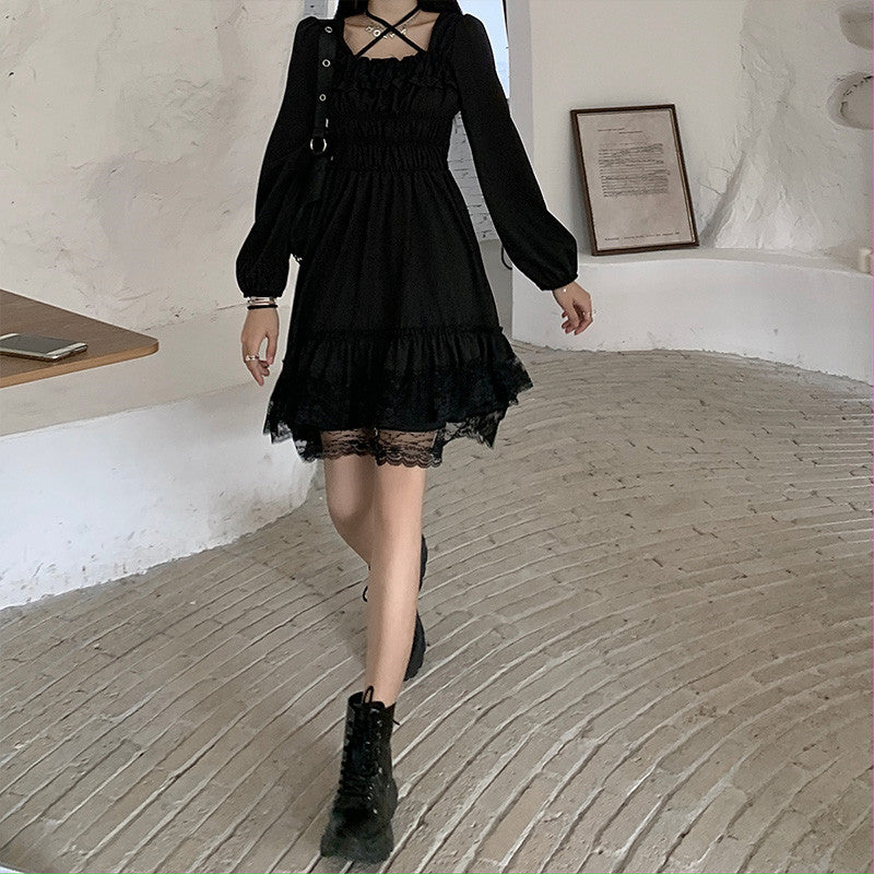 Sixsr New Gothic Women Black Fairy Party Dress Cross Square Collar Lolita Princess Irregular Dress Cute Kawaii Lace Ruffles Chic Dress