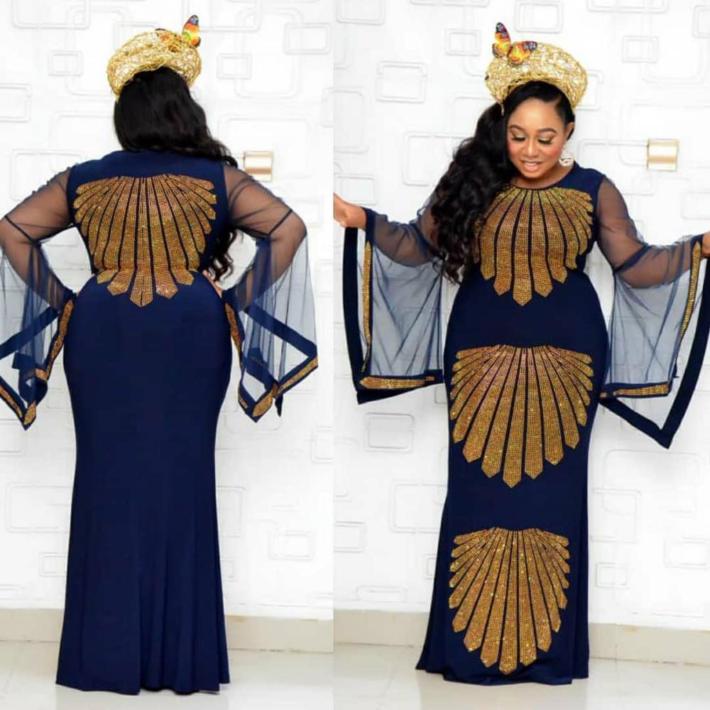 Sixsr African mom dress fashion gauze horn sleeve hot diamond hip-covered fish tail large size stretch dress