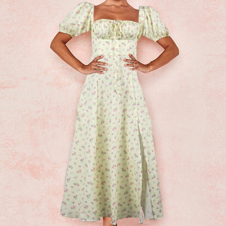 Sixsr Summer Women's Wear, Bohemian Style Bubble Sleeve Floral Split Long Dress, High Waist Sexy Party Elegant Bandage Dress