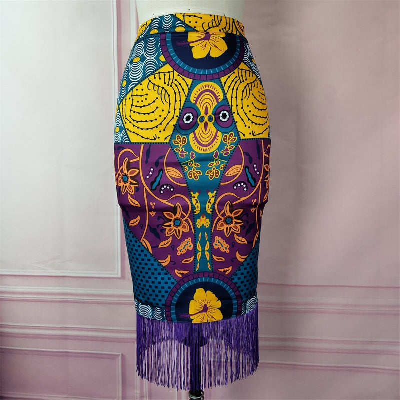 sixsr Outfits Fashion Trends Women Summer Print Skirt Vintage Floral African Fashion High Waist Tassel Classy Modest Elegant Retro Jupes Falads