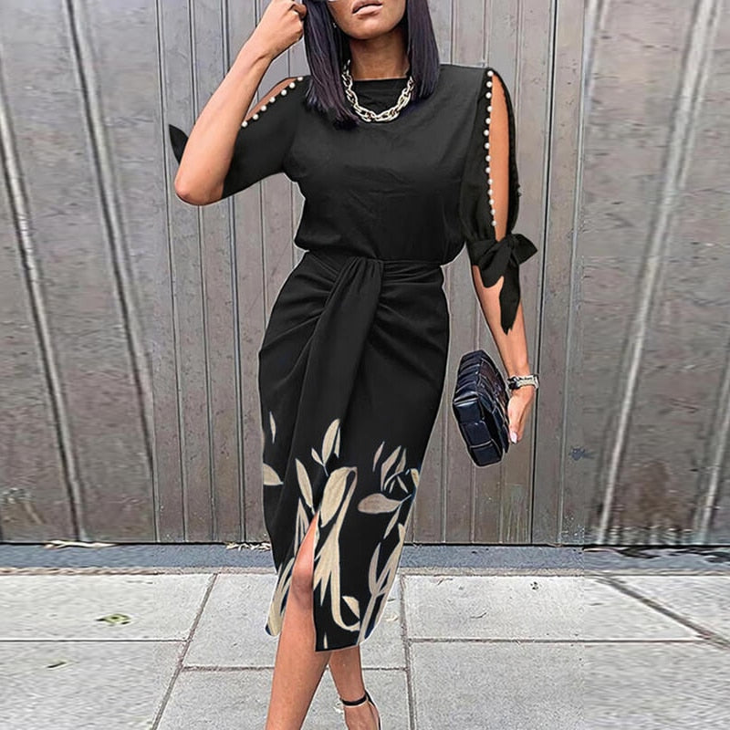 Vintage Print Elegant Women Folds Slim Dress Casual Hollow Out Patchwork Half Sleeve Dress Female Summer Round Neck Party Dress