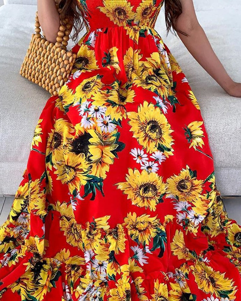 Sixsr Women Sexy Open Back Sunflower Print Bandage Boho Maxi Dress Summer Beach Holiday Halter Sleeveless Long Dress