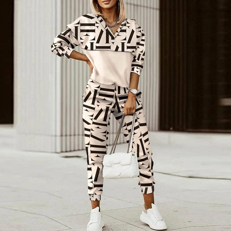 Sixsr Spring Autumn Women Fashion Print Splicing Tracksuits Two Piece Sets Female Casual Long Sleeve V Neck Top Jogging Pant Suit