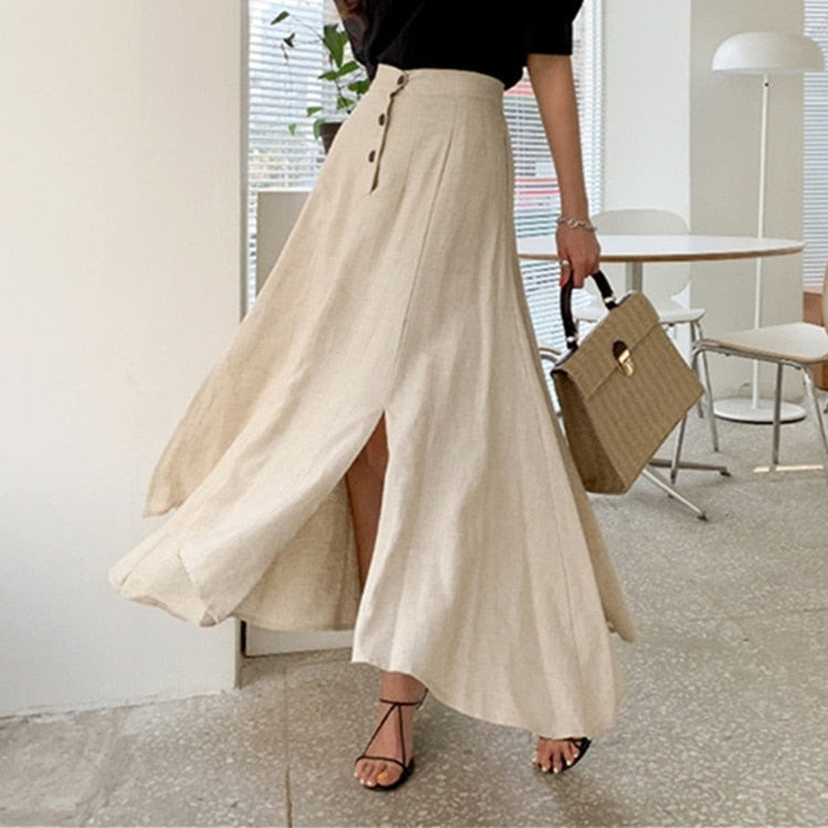 sixsr New  Vintage Elastic Waist Buttons Irregular Chic Cotton and Linen Split Spring Summer Women's Long Skirts SK8560