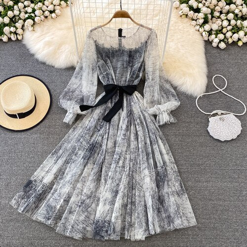 Sixsr Sexy Mesh Printed Dress Women Spring Autumn Round Neck Puff Long Sleeve Ink Pattern A-Line Big Swing Vestidos Female New