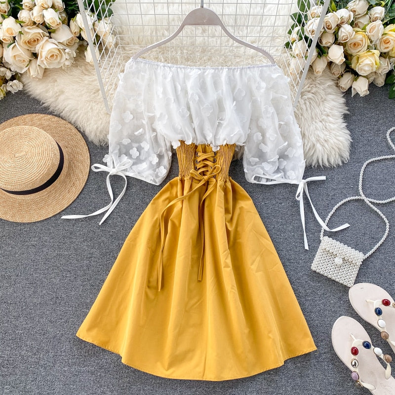 Sixsr  Spring Outfits Sexy Off Shoulder patchwork Summer Short Dress Party flower chiffon Slim waist lace up Women casual A-Line beach dress