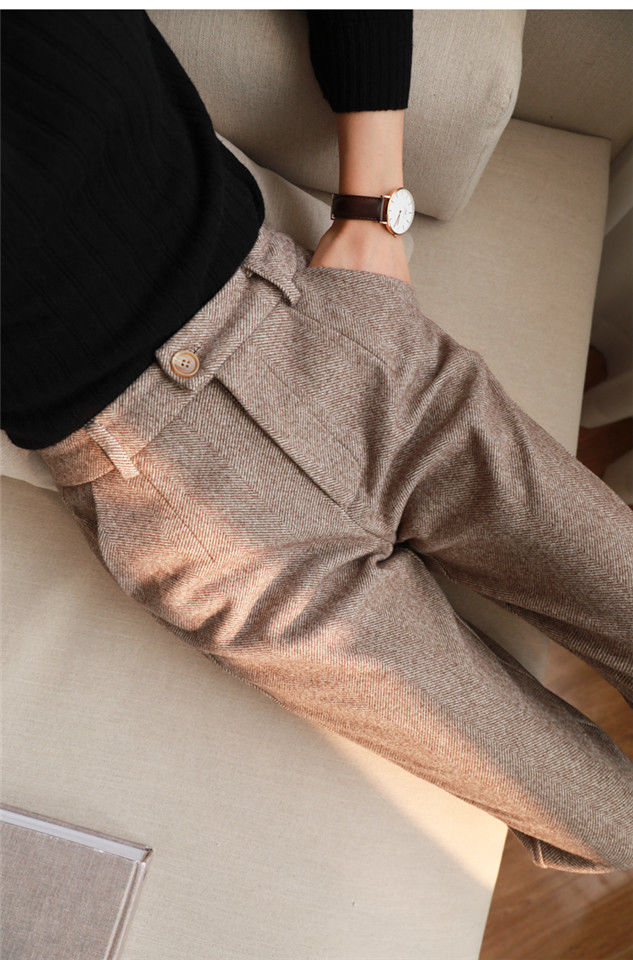 Sixsr Herringbone Woolen Pants Women's Harem Pencil Pants  Autumn Winter High Waisted Casual Suit Pants Office Lady Women Trousers