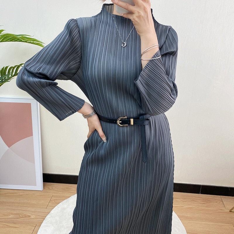 sixsr Trends Spring Winter Miyake Pleated Women Comfortable Dress Long Sleeve High Quality Korean Style Casual Aesthetic Clothes