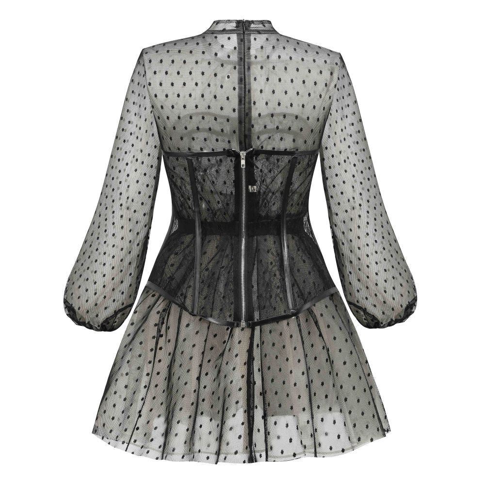 Sixsr New Design 2pcs Summer Dress for Women Black Sexy Corset Dress Vintage Slim Mesh Outfit Clubwear Dress Shirt for Girl's Party