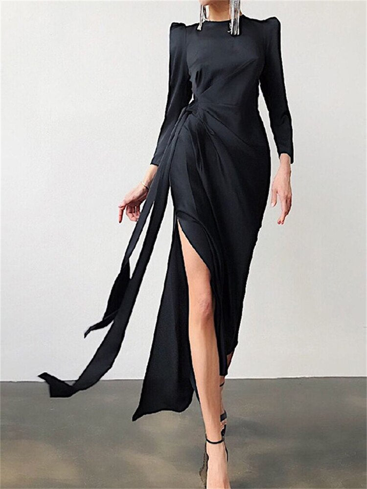 Sixsr Long Sleeve O Neck Satin Split Women Maxi Dress Autumn Winter Fashion Sexy Elegant Party Club Women's Dresses