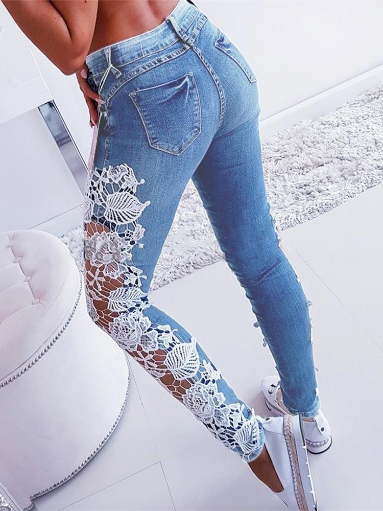 Plus Size 3XL Lace Floral Crochet Hollow-Out Jeans Autumn Women Elegant Sexy Denim Pencil