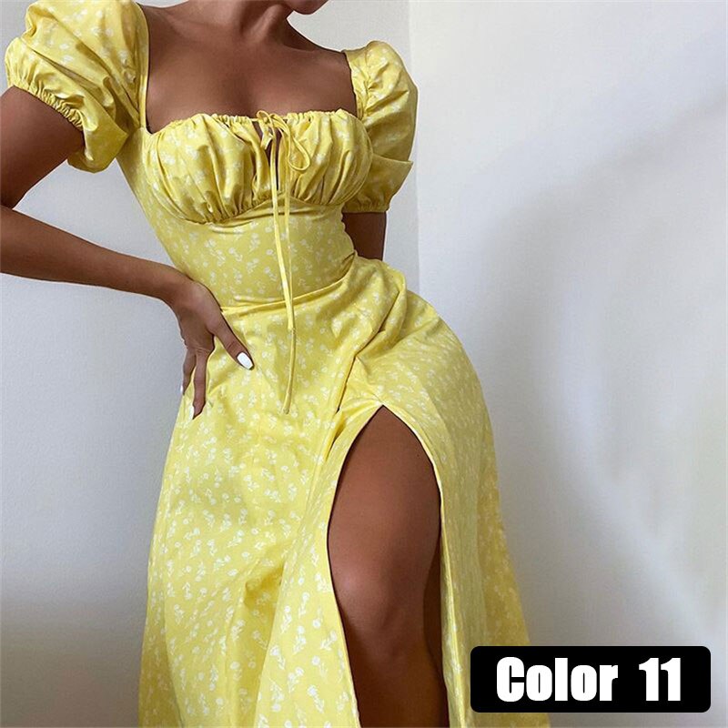 Sixsr womens fashion Vintage Square Collar Printed Dress Women Sweet Puff Sleeve Slim Long Casual Split Spring Summer Floral Dress Ladies New
