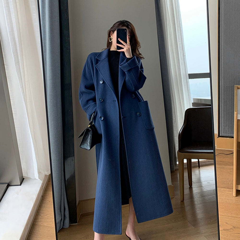 Sixsr Selling Women Spring Autumn Coat Fashion Warm Outerwear Woolen Blends Female Long Elegant Double Breasted Solid Woolen Coat
