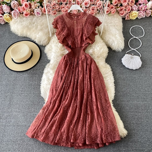Sixsr Vintage Purple/Green/Red Lace Midi Dress Women Sweet Round Neck Ruffle Vestidos Female High Waist Slim Robe Spring Autumn