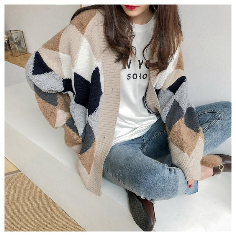 Sixsr Womens Fashion Spring Winter Women's Plaid Plus Velvet Warm Knitted Sweaters Cardigans Long Sleeve Checkered Coat Oversize Sweater Jackets