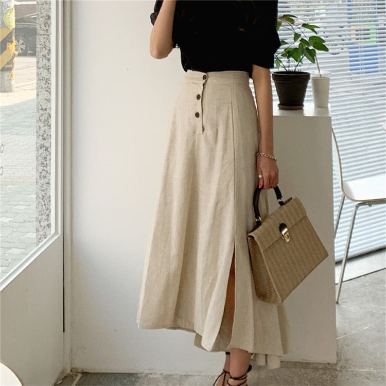 sixsr New  Vintage Elastic Waist Buttons Irregular Chic Cotton and Linen Split Spring Summer Women's Long Skirts SK8560