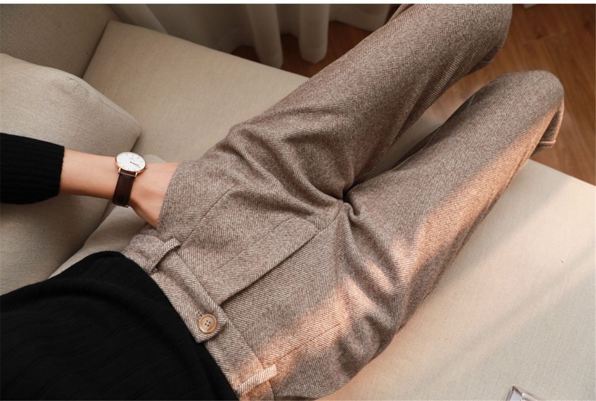 Sixsr Herringbone Woolen Pants Women's Harem Pencil Pants  Autumn Winter High Waisted Casual Suit Pants Office Lady Women Trousers