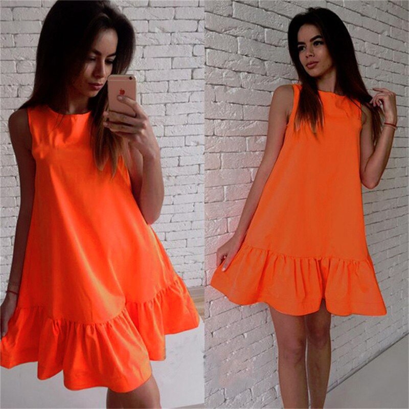Sixsr Women Female Short Sleeve Loose Mini Short A-line Dresses Summer Beach Casual Dress Candy Color S-XXL