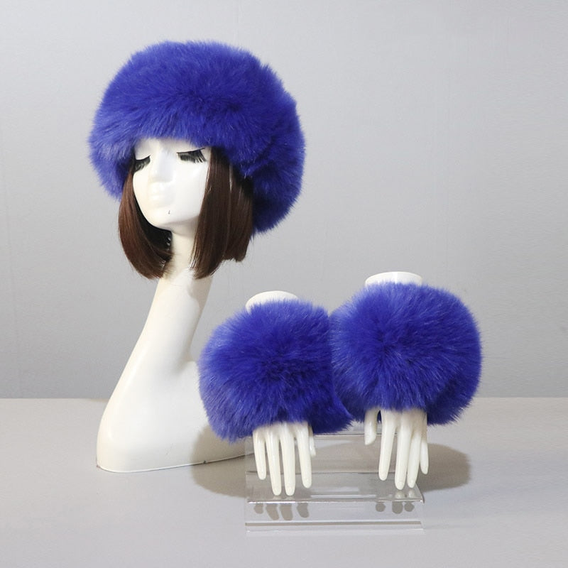 Sixsr New Autumn Winter Caps Female Hats Cuffs Set Fashion Warmth Imitation Quality Design Faux Fur Hat Fox Fur Sleeves Suit Accessary