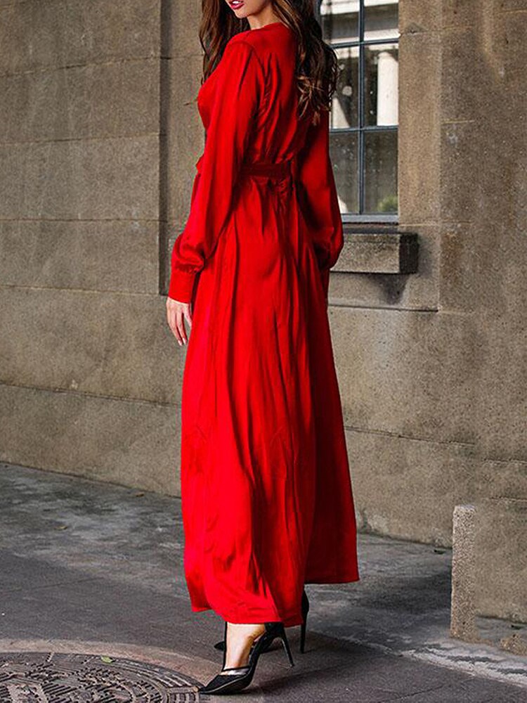 Sixsr Gifts For Women Autumn women's Long Sleeve Casual Style Polyester Material New V-neck Middle Waist Zipper Stitched Slit Large Swing Dress