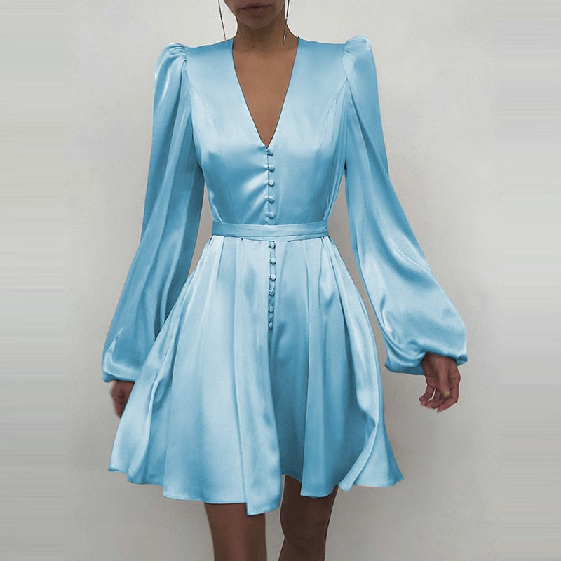 Sixsr Trends high quality Spring New Women Sexy V Neck Letters Print Fashion Short Dresses Casual Satin Slim Lantern Sleeves Zipper Elegant Party Vestidos