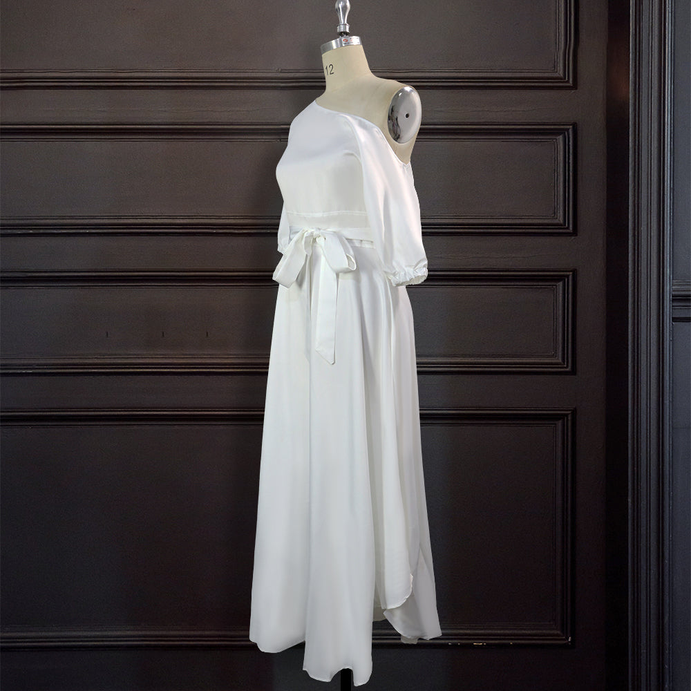 Sixsr Women Dress Bare Shoulder Waist Belt Long A Line Pleated Orange Casual Fashion Female Ladies Elegant New Autumn Summer Robes